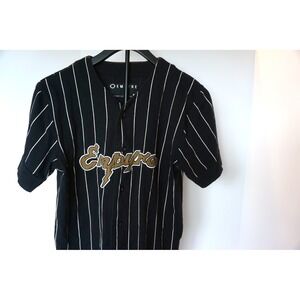 Empyre Mens Pinstripe Baseball Jersey Black Gold Script Logo Button Up Small